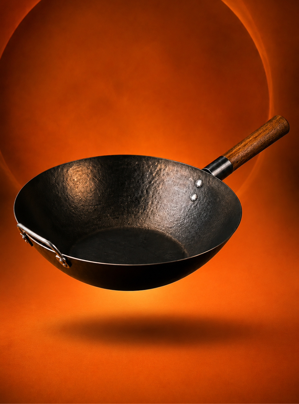 KUROGANE carbon steel wok against a glowing orange backdrop
